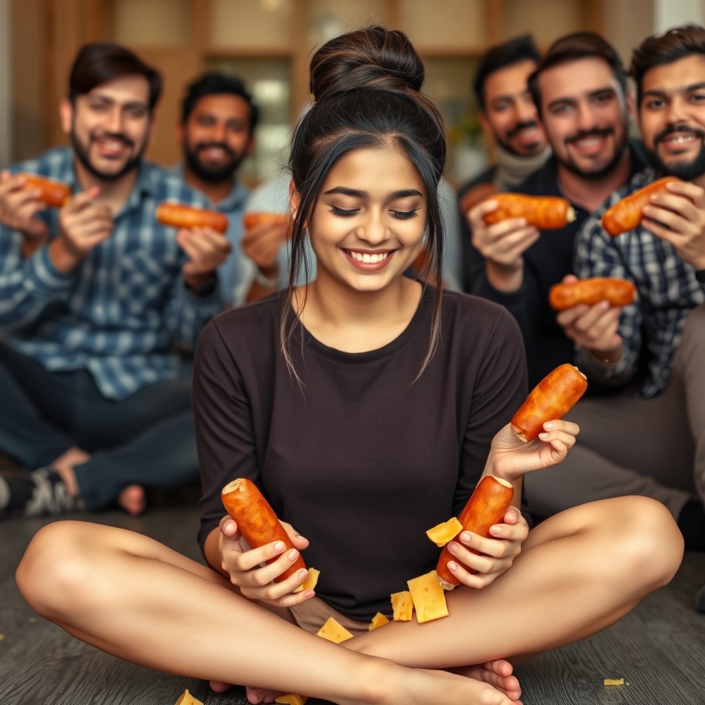 A young Pakistani woman, 18 years old, sitting cross-legged with her hair neatly styled in a bun, two playful strands falling gracefully over her face