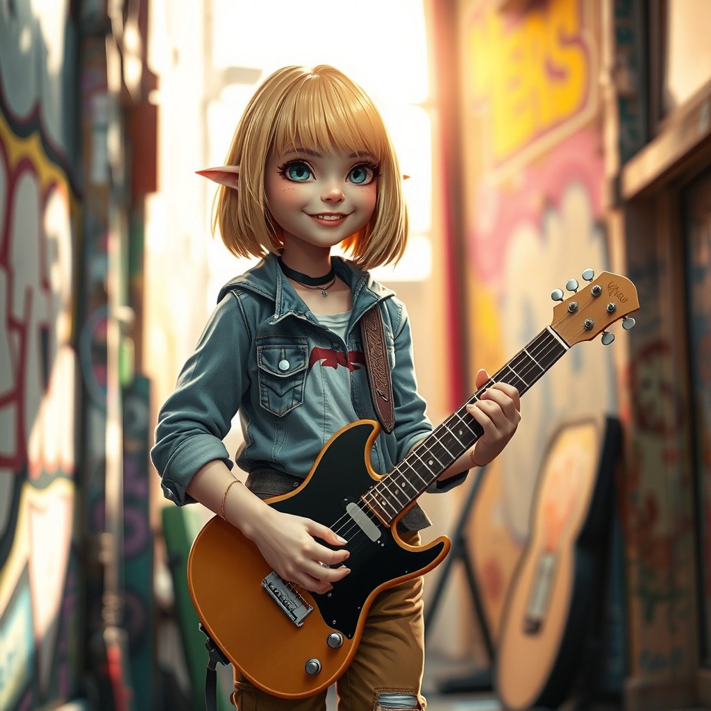 A halfling female bard with a stylish blonde bob haircut, clad in modern casual clothing