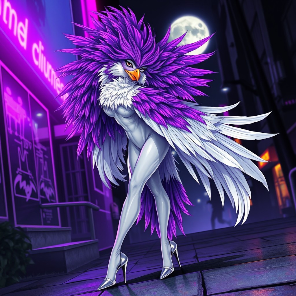 A stunning white raven character inspired by comic book art, featuring vibrant purple tall hair styled dramatically and wearing fashionable high heels