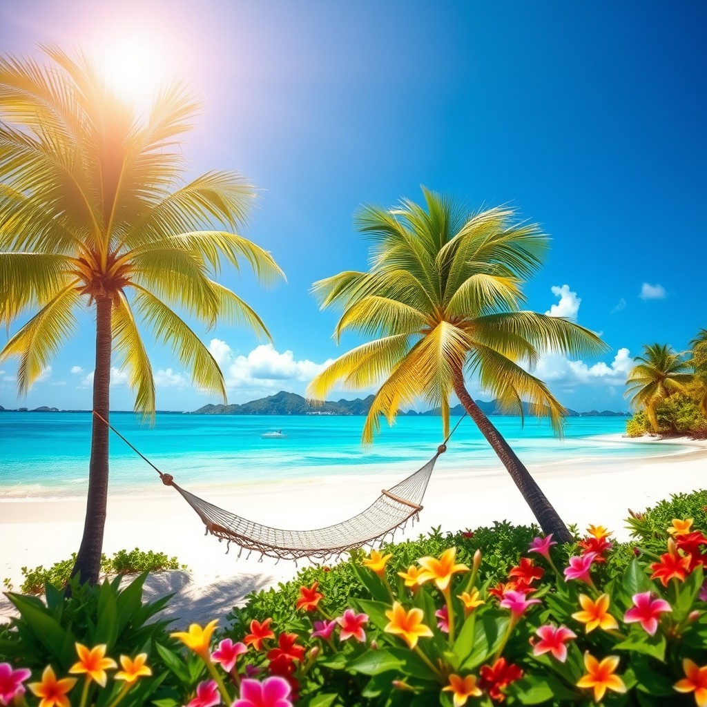 A stunning tropical island scene featuring pristine turquoise waters lapping against white sandy beaches dotted with lush green palm trees