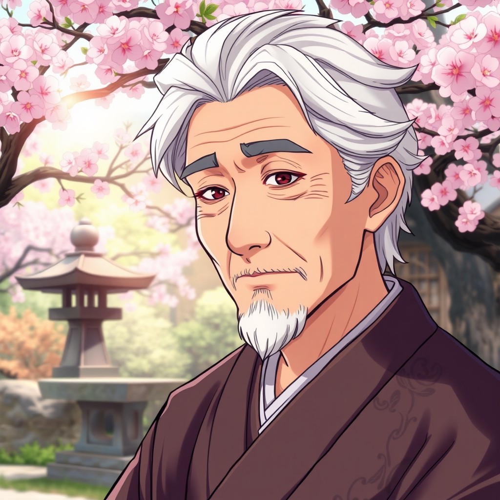 An anime-style illustration of an older Asian man, showcasing wise features with gentle wrinkles around his eyes and a serene expression