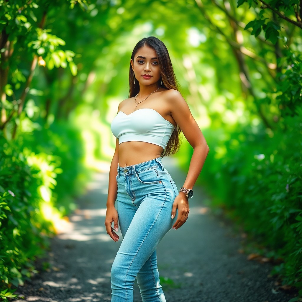 A stylish woman poses confidently on an idyllic path, surrounded by lush greenery that enhances the natural beauty of the scene