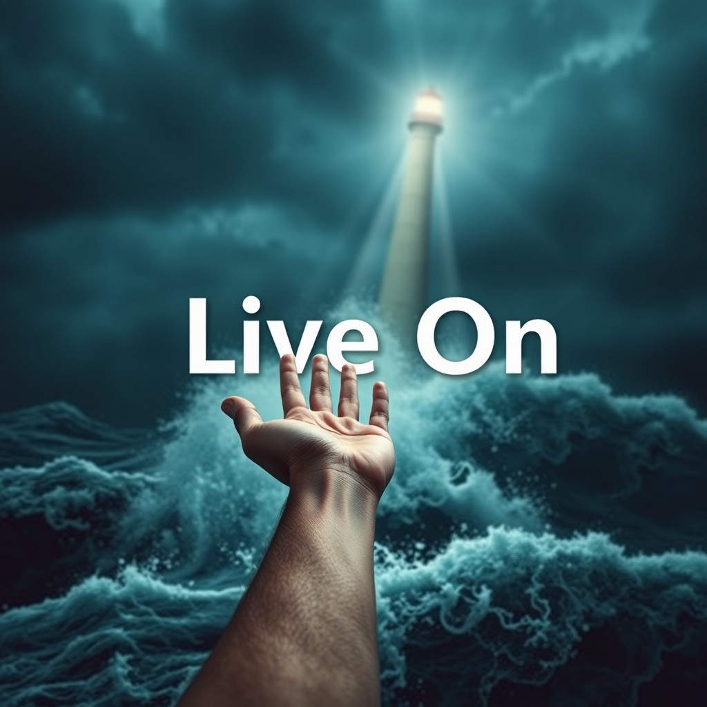 A dramatic scene depicting a hand reaching out towards a tall lighthouse, set against a tumultuous dark stormy sea