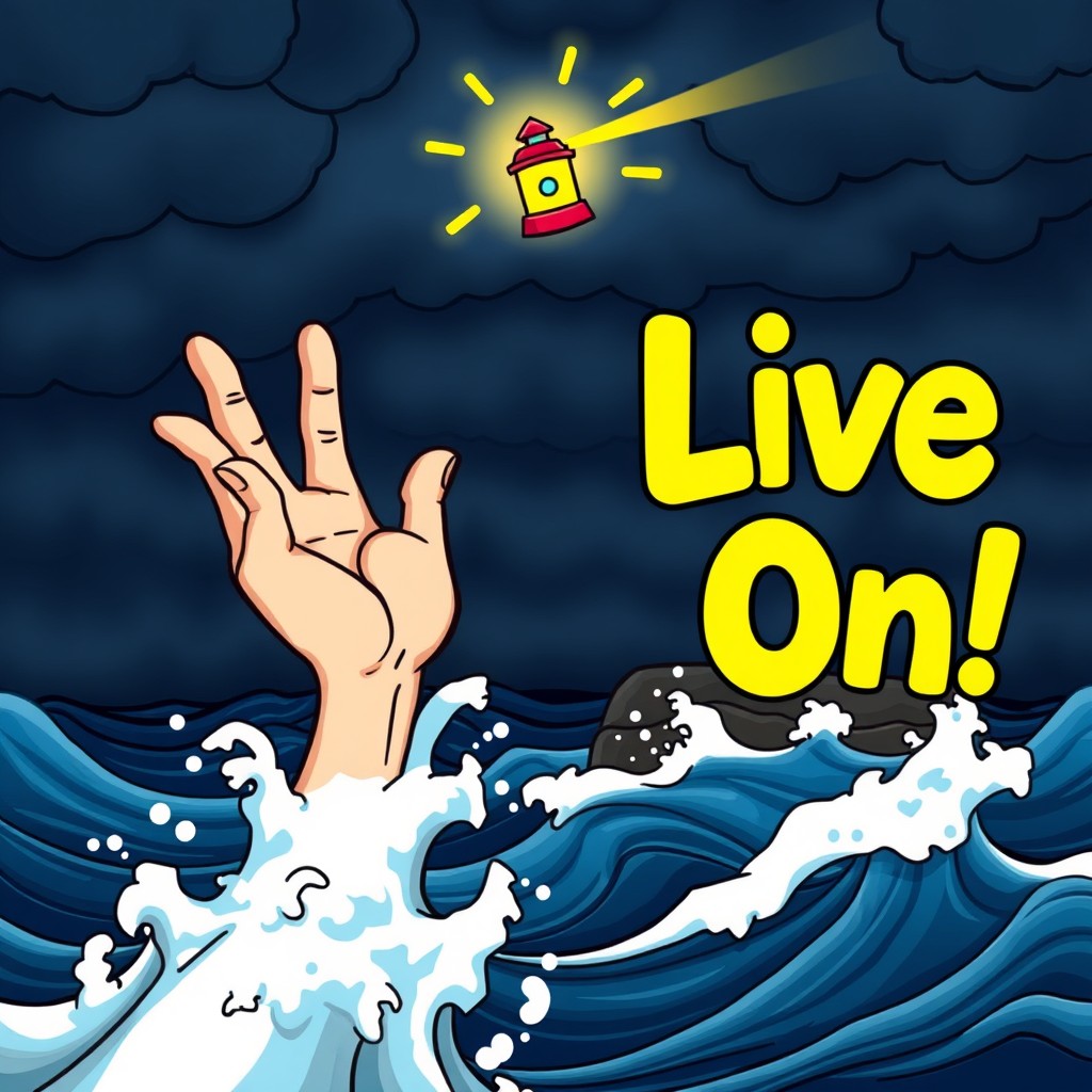 A vibrant cartoon-style image depicting a whimsical hand reaching out towards a colorful lighthouse, set against a dramatic dark stormy sea