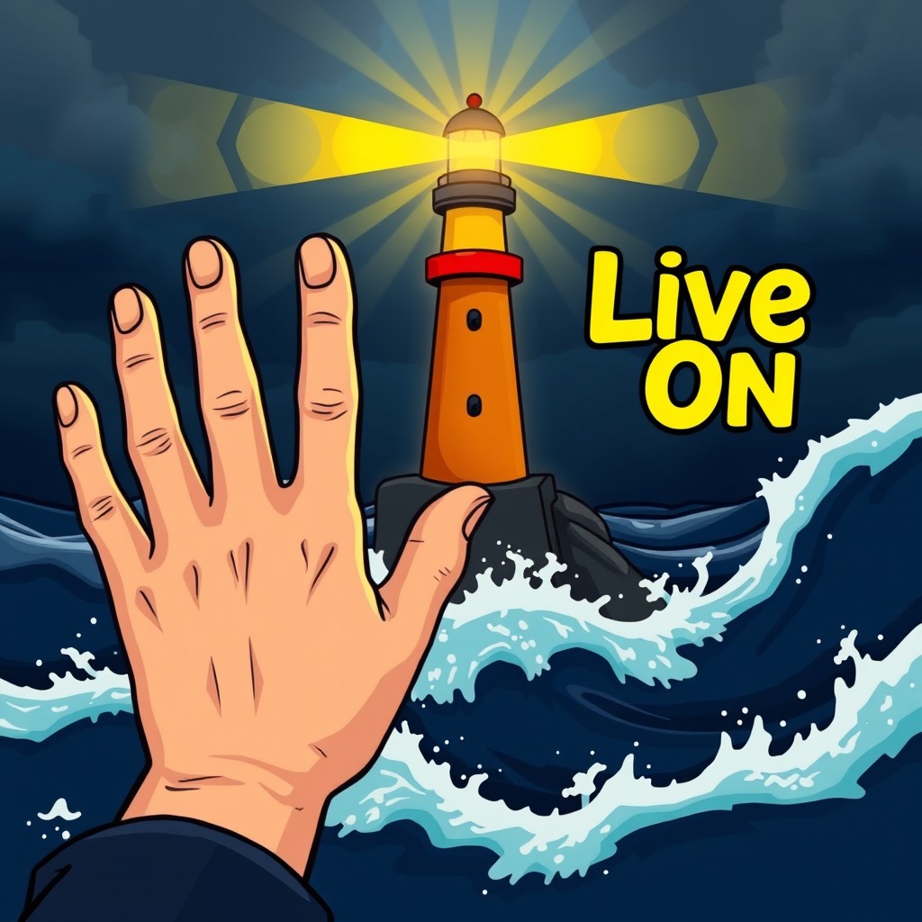 A cartoon-style image featuring a hand with five fingers dramatically reaching out towards a colorful lighthouse amidst a dark, stormy sea
