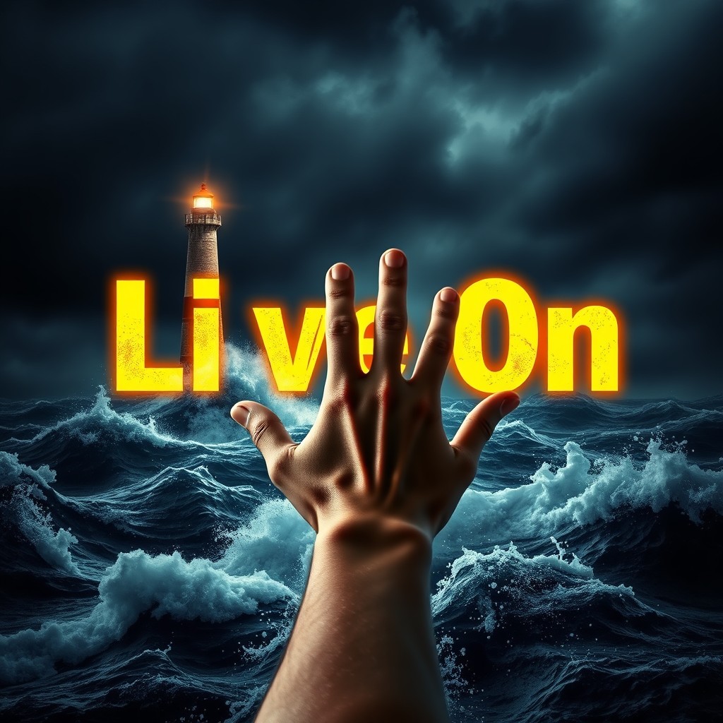 A visually striking image featuring a hand with five fingers reaching out towards a tall lighthouse from a dark, stormy sea