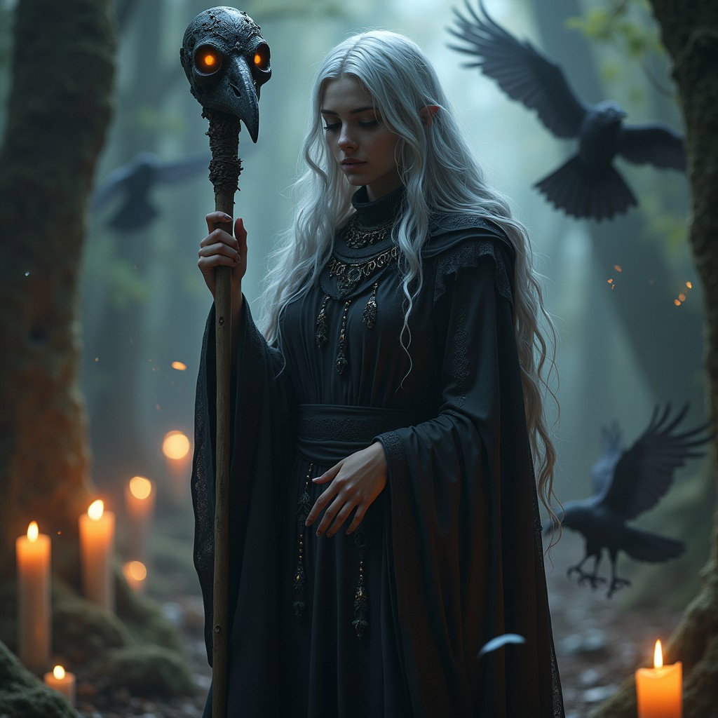A Shadow Elf Priestess, intricately adorned in dark, flowing robes that reflect her devotion to the Matron of Ravens, is depicted in a serene pose as she prays for the souls of the recently departed