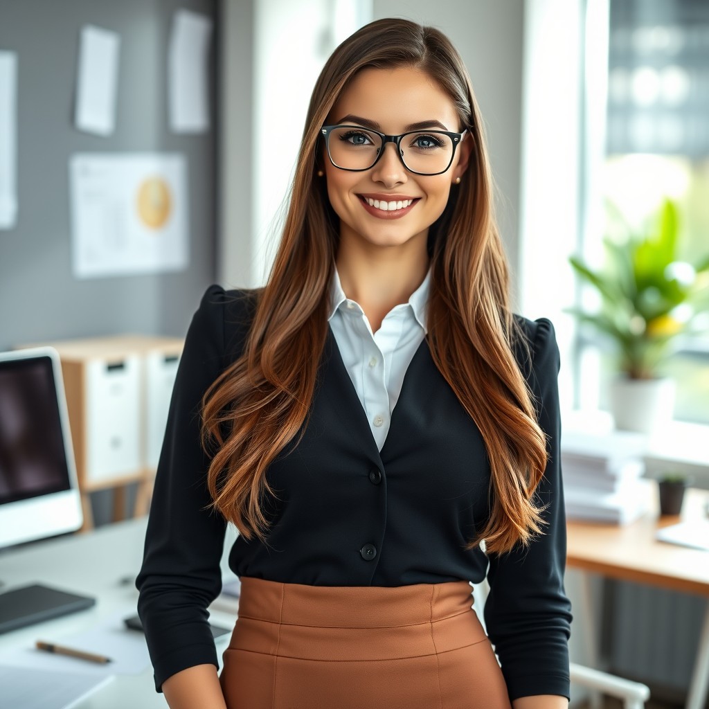 A portrait of a beautiful young woman styled as a secretary, exuding professionalism and charm