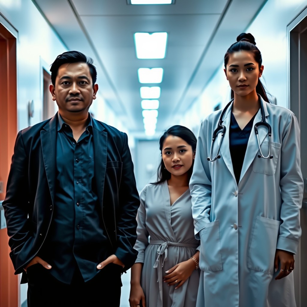 In a modern hospital setting with warm lighting, a handsome Malay man with a prominent nose stands confidently