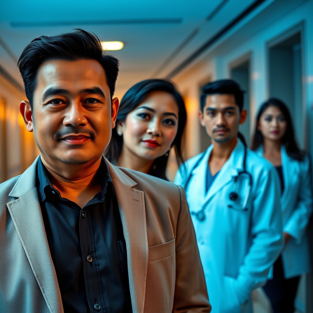In a modern hospital setting with warm lighting, a handsome Malay man with a prominent nose stands confidently in front, dressed in an elegant casual shirt and blazer, exuding a calm yet authoritative expression