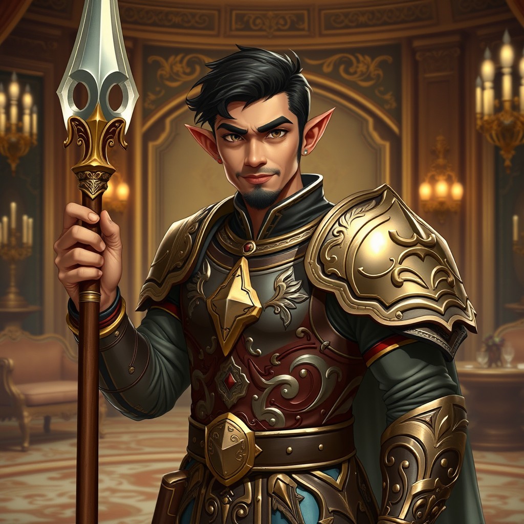 A half-elf paladin wielding a gleaming glaive, standing confidently in an opulent estate