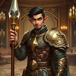A half-elf paladin wielding a gleaming glaive, standing confidently in an opulent estate
