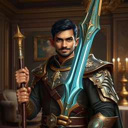 A half-elf paladin wielding a gleaming glaive, standing confidently in an opulent estate