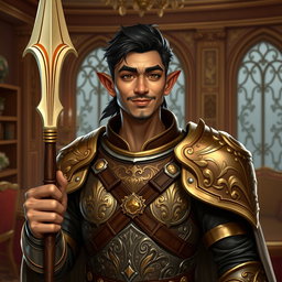 A half-elf paladin wielding a gleaming glaive, standing confidently in an opulent estate
