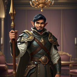A half-elf paladin wielding a gleaming glaive, standing confidently in an opulent estate