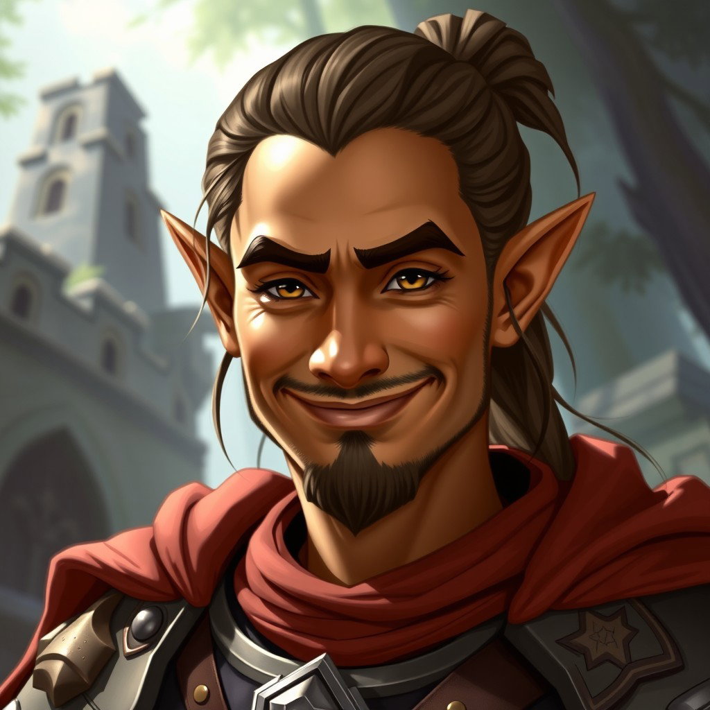 A half-elf paladin with a friendly but mischievous smirk, exuding confidence