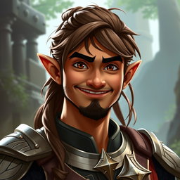 A half-elf paladin with a friendly but mischievous smirk, exuding confidence