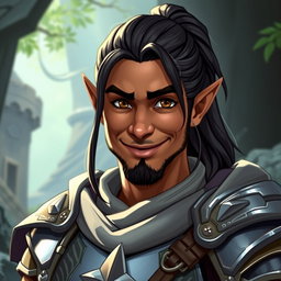 A half-elf paladin with a friendly but mischievous smirk, exuding confidence