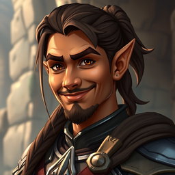 A half-elf paladin with a friendly but mischievous smirk, exuding confidence