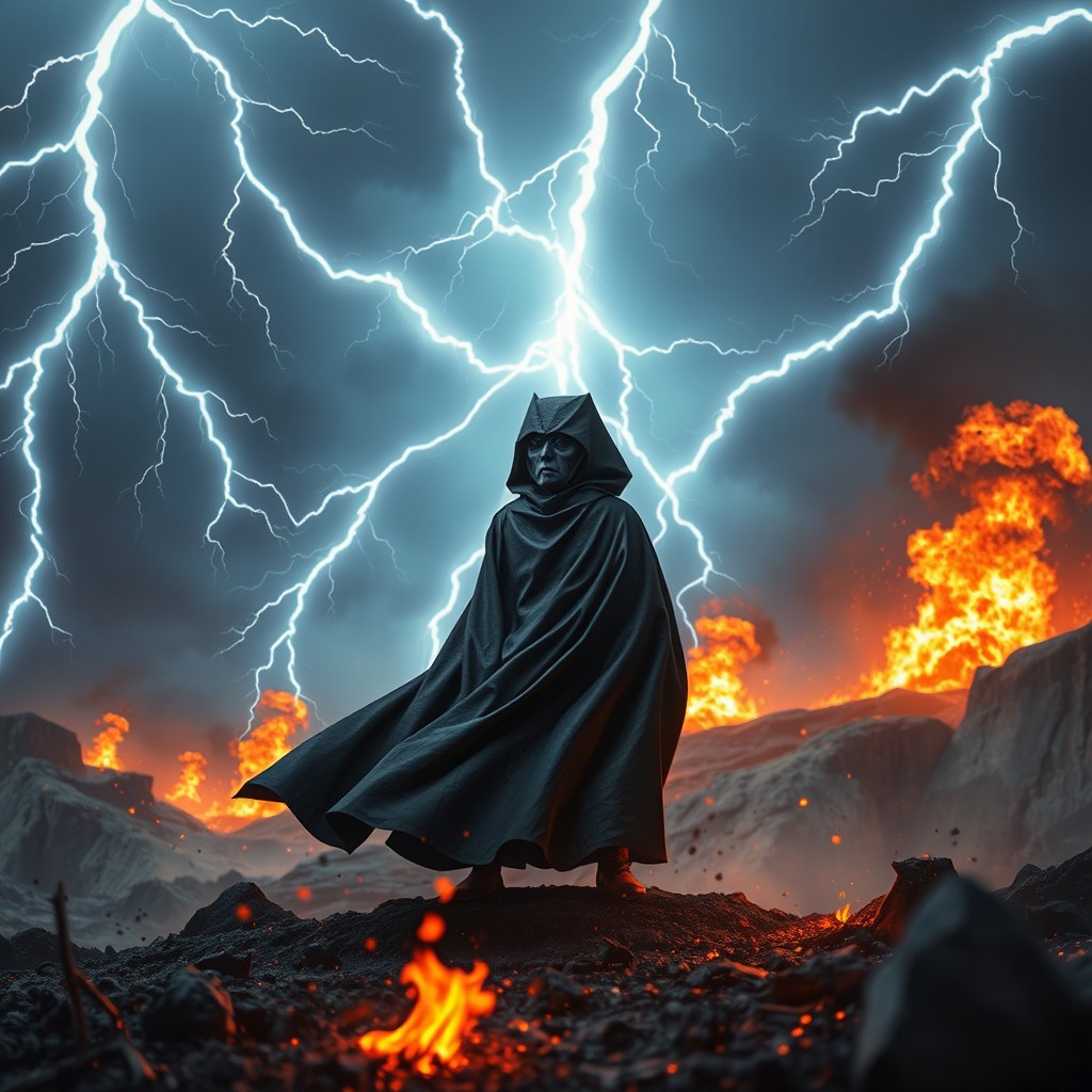 A dramatic scene featuring Darth Paper, a character with a dark, paper-like appearance, gazing off into the distance