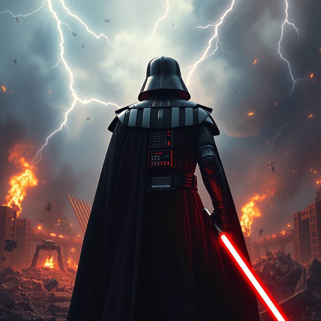 A realistic depiction of Darth Vader standing with his back to the viewer, gazing off into the distance