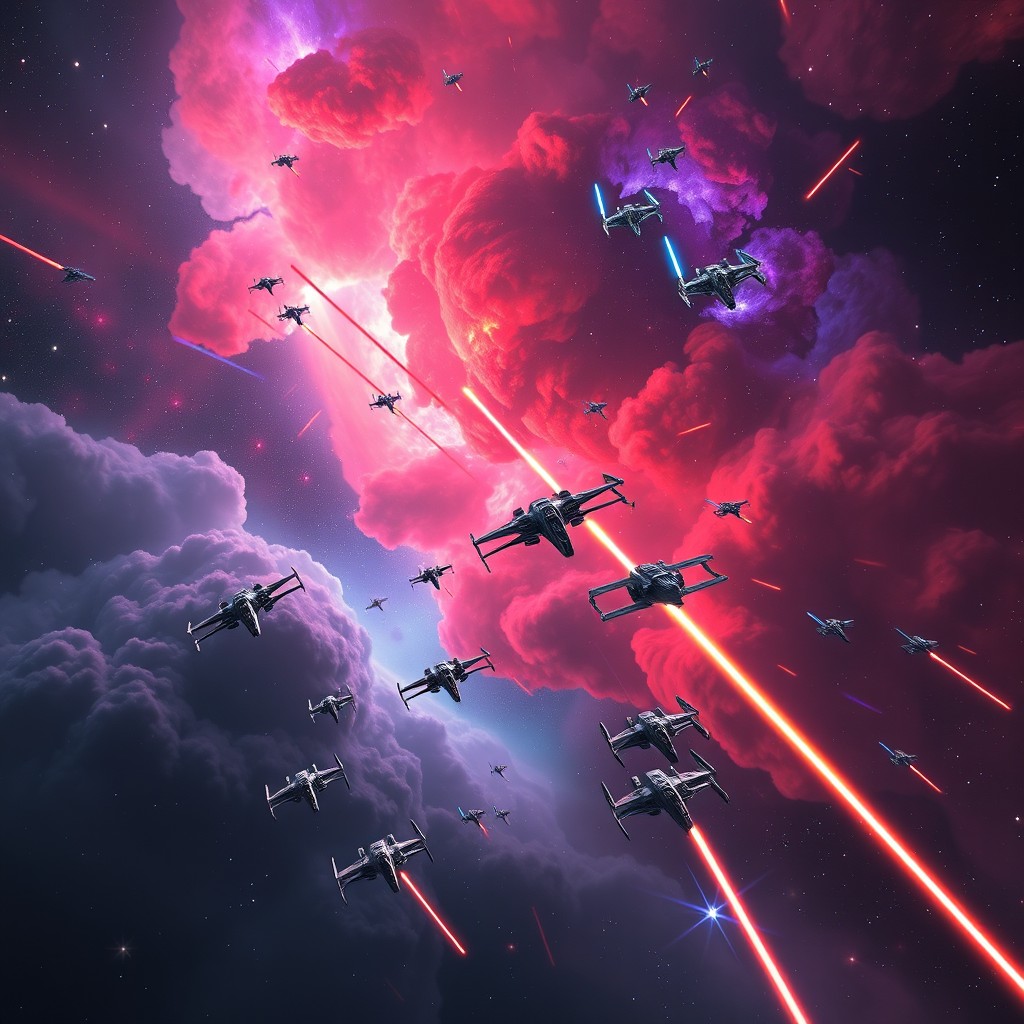 A vast, expansive space scene featuring a dynamic star battle between X-Wing and TIE fighters engaged in aerial combat, with vibrant nebula clouds and distant stars