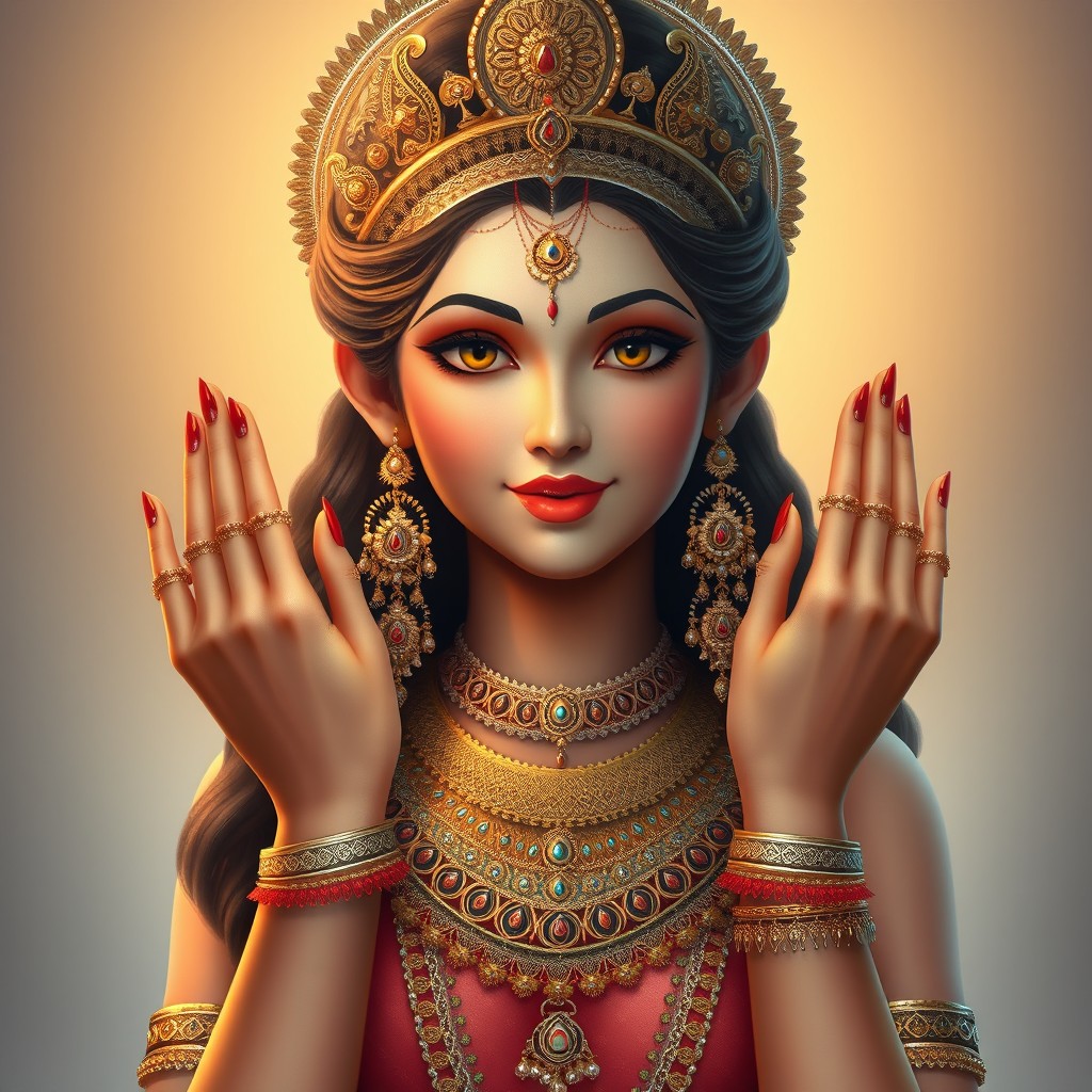 A stunning depiction of a Hindu goddess-like woman, characterized by her graceful features and serene expression