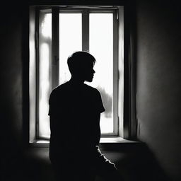 A symbolic representation of depression, depicted as a person in a dark room looking out into a small window flooded with sunlight, signifying hope. Their silhouette embodies sadness and solitude.