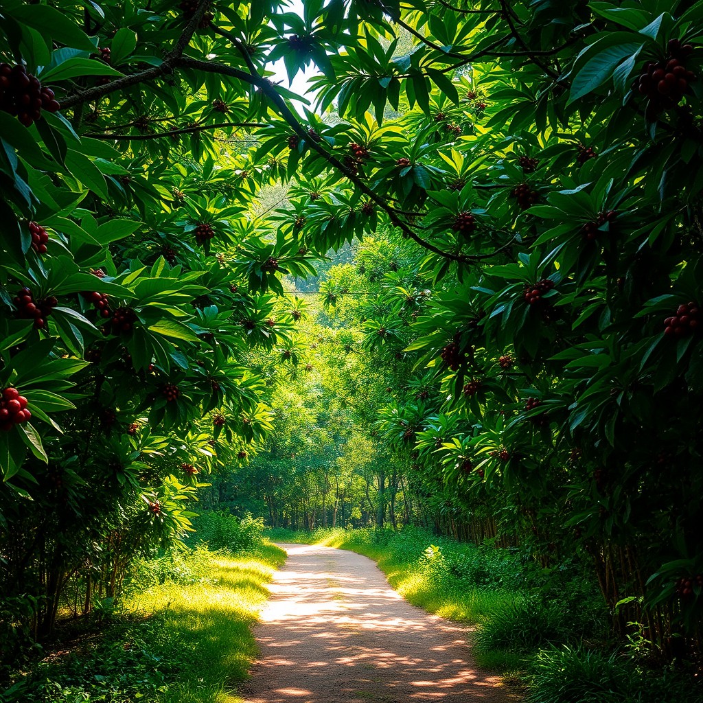 A picturesque pathway surrounded by lush coffee trees, the sunlight filtering through the dense green foliage, creating a dappled light effect on the ground