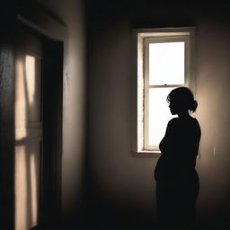 A symbolic representation of depression, depicted as a person in a dark room looking out into a small window flooded with sunlight, signifying hope. Their silhouette embodies sadness and solitude.