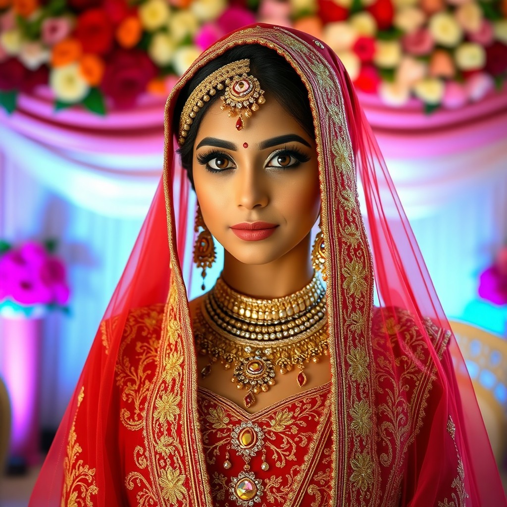 A beautiful Desi bridal girl wearing an exquisite red and gold traditional bridal outfit, adorned with intricate embroidery and sparkling gemstones