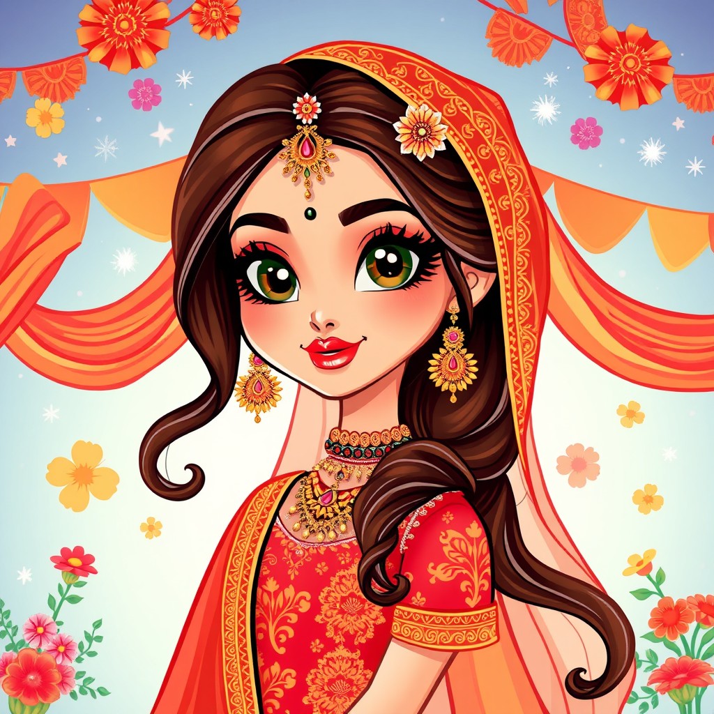 An illustrated Desi bridal girl in a vibrant, playful style, wearing a stunning red and gold traditional bridal outfit with intricate patterns and embellishments