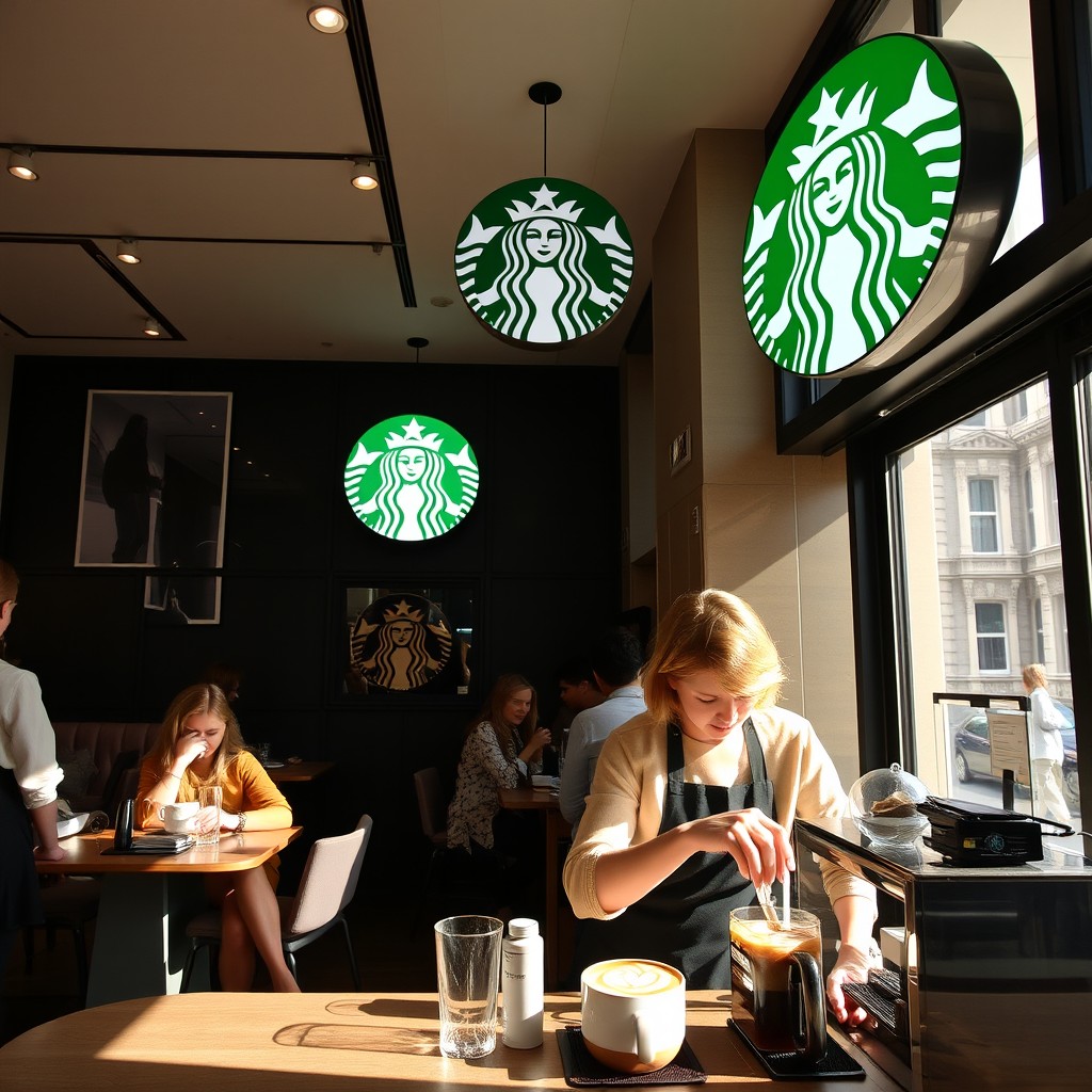 A stylish interior of a Starbucks in Milan, showcasing elegant decor that combines modern and traditional Italian design elements