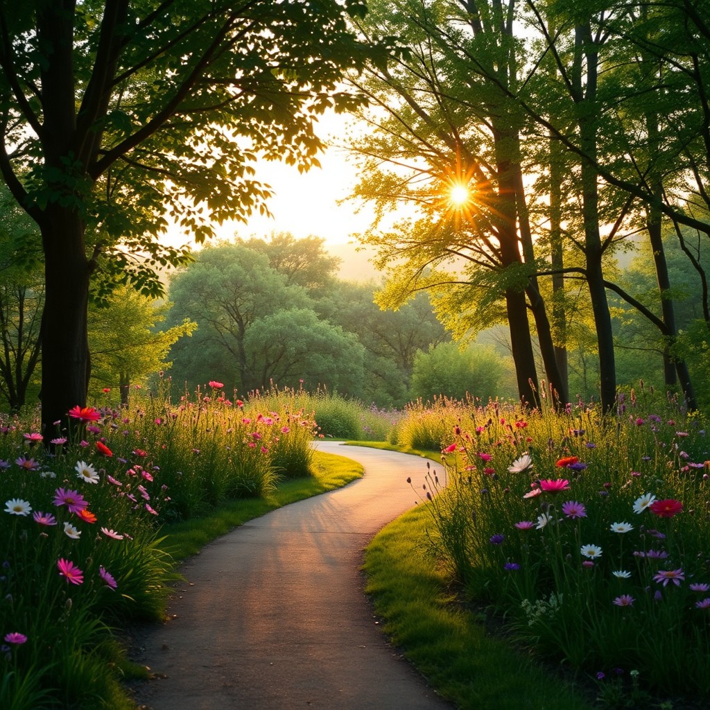 A serene landscape symbolizing emotional growth and maturity, featuring a winding, quiet path that leads through a lush, green forest during the golden hour