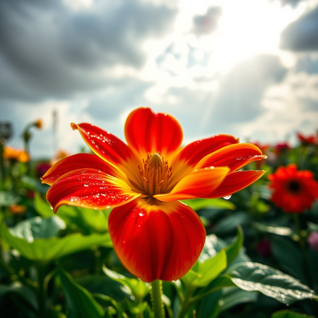 A vibrant scene depicting personal growth and beauty, featuring a strong, resilient flower blooming in a garden under a partly cloudy sky