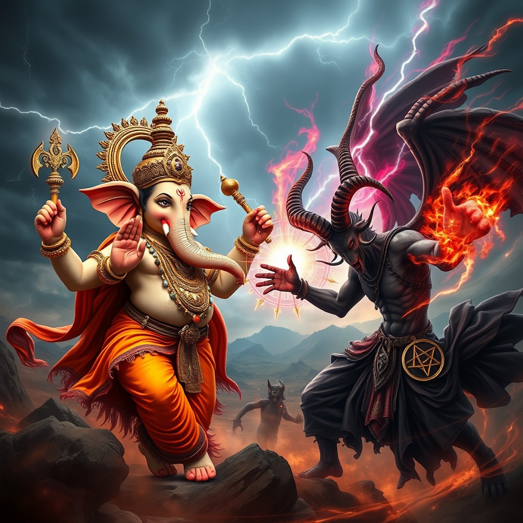 An epic battle scene between Lord Ganesha and Lord Baphomet