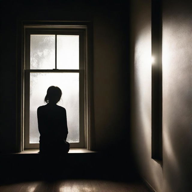 A symbolic representation of depression, depicted as a person in a dark room looking out into a small window flooded with sunlight, signifying hope. Their silhouette embodies sadness and solitude.