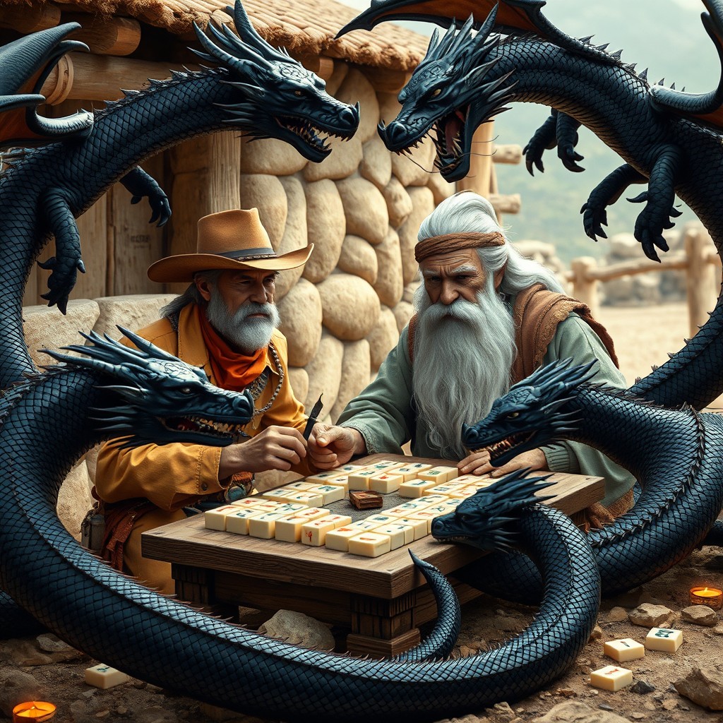 A cowboy playing Mahjong with Grandpa Zeus surrounded by black dragons