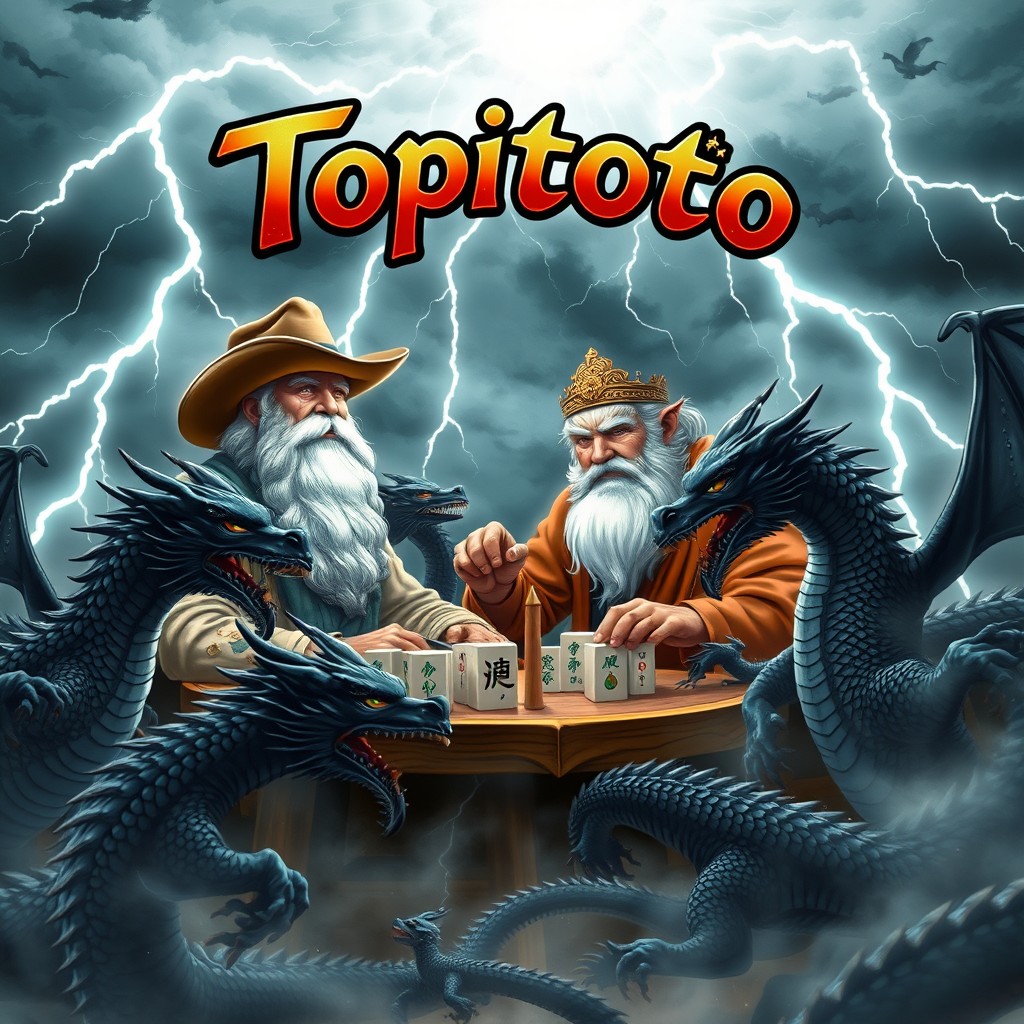 A cowboy playing Mahjong with Grandpa Zeus surrounded by black dragons, as lightning strikes from the sky