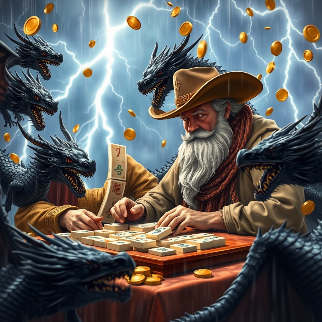 A cowboy playing Mahjong with Grandpa Zeus surrounded by black dragons, as lightning strikes in the background, creating an electrifying atmosphere