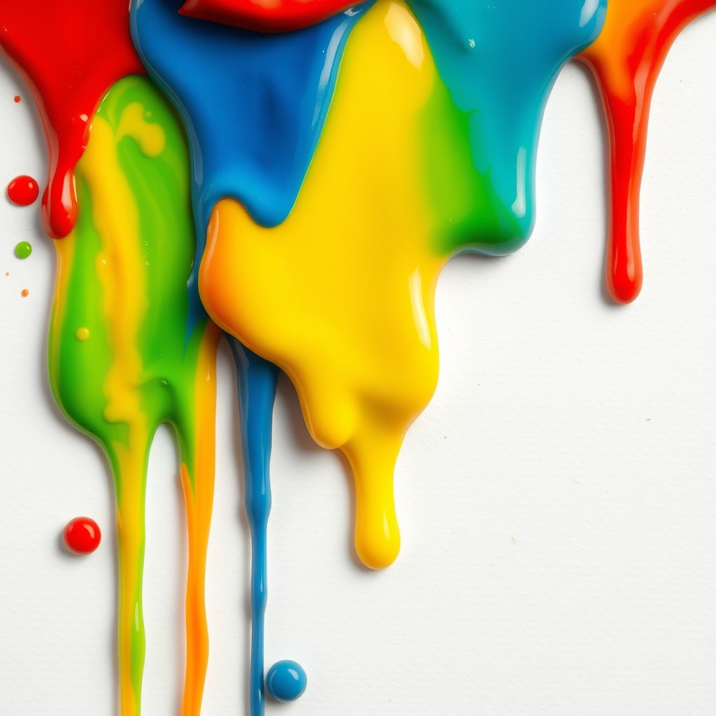 A vibrant and artistic close-up image of colorful paint dripping down a surface, with various hues blending together such as bright red, deep blue, sunny yellow, and vivid green