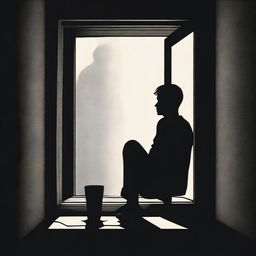 A symbolic representation of depression, depicted as a person in a dark room looking out into a small window flooded with sunlight, signifying hope. Their silhouette embodies sadness and solitude.