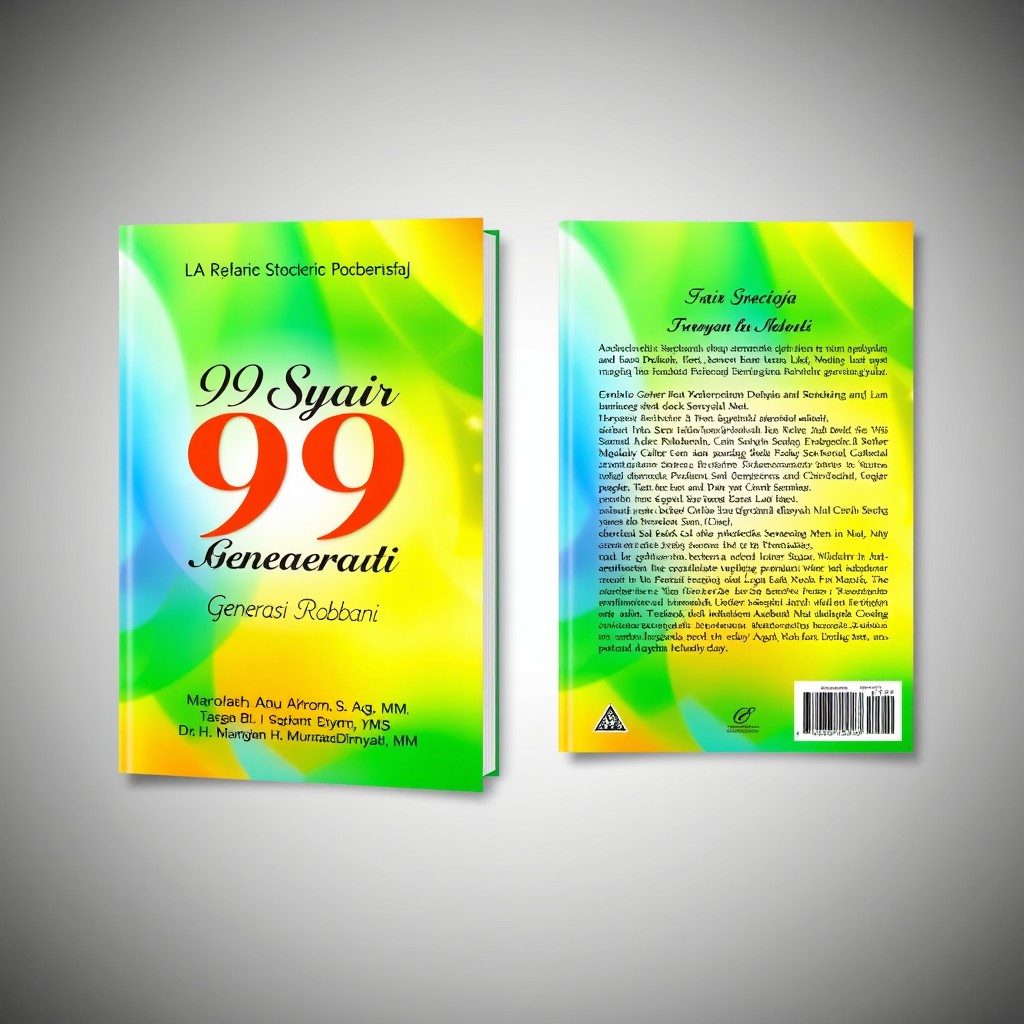 A4 book cover design featuring a vibrant and eye-catching front and back cover for the book titled '99 Syair Generasi Robbani' by Marolah Abu Akrom, S