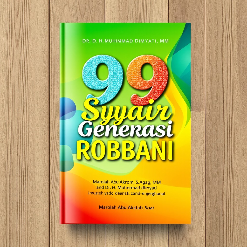 A4 book cover design featuring a visually appealing and colorful front cover for the book titled '99 Syair Generasi Robbani' by Marolah Abu Akrom, S