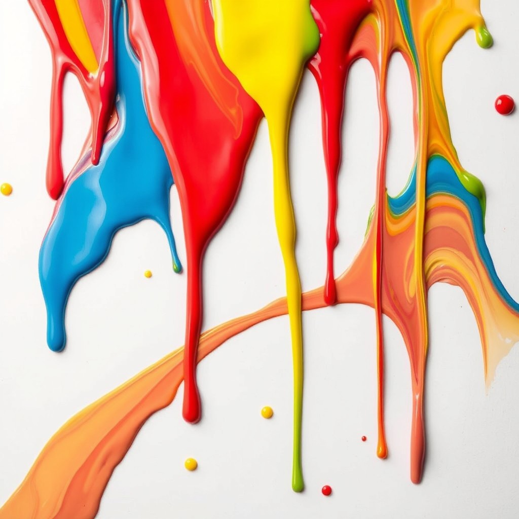 A dynamic and captivating image of colorful paint flowing down an abstract surface, featuring an array of colors such as electric blue, fiery red, sunny yellow, and lush green all merging and swirling together