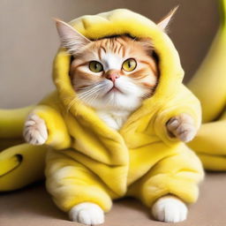 An adorable and playful image of a fluffy domestic cat humorously dressed in a bright yellow banana suit, the peel playfully draped over its body while it relaxes.