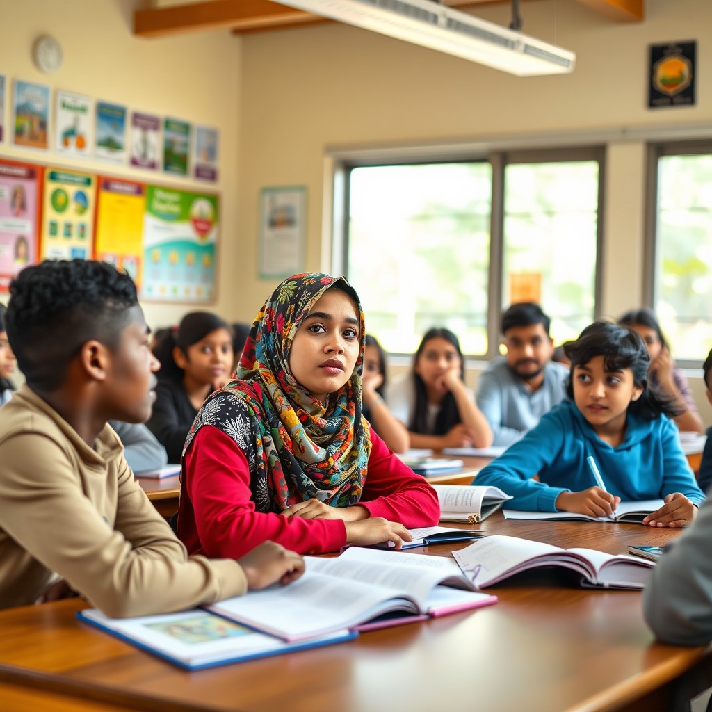 A focused Muslim student in a classroom, wearing a colorful hijab, actively engaging in discussion with classmates