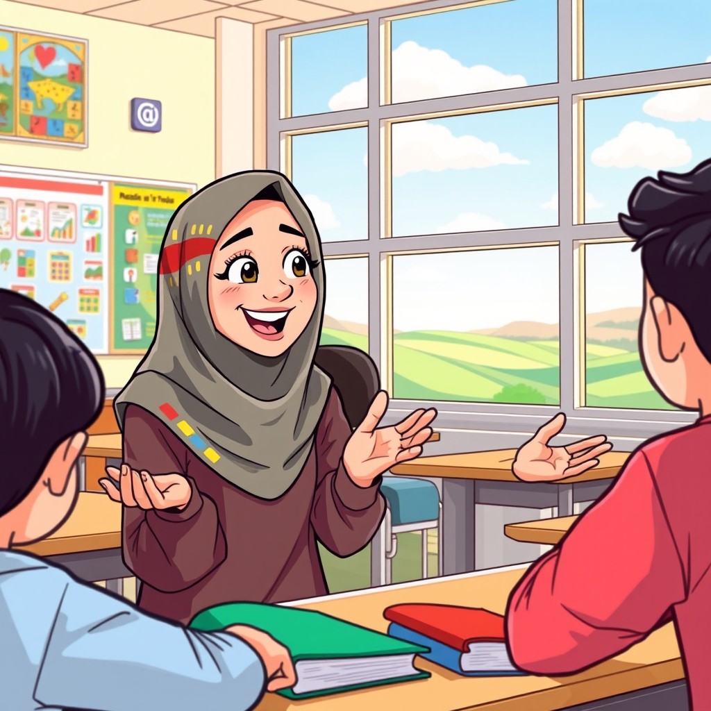 A vibrant cartoon illustration of a Muslim student wearing a colorful hijab, animatedly talking in a classroom setting