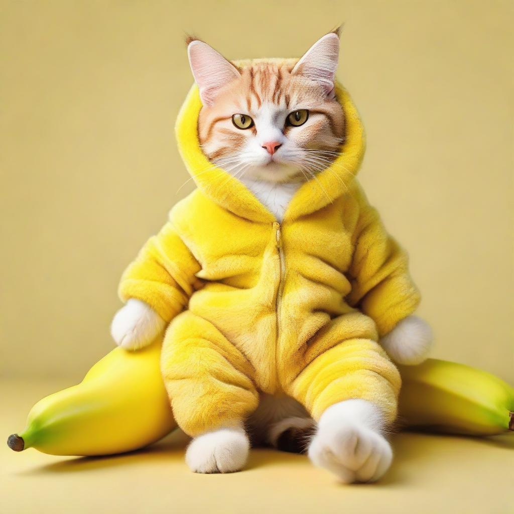 An adorable and playful image of a fluffy domestic cat humorously dressed in a bright yellow banana suit, the peel playfully draped over its body while it relaxes.