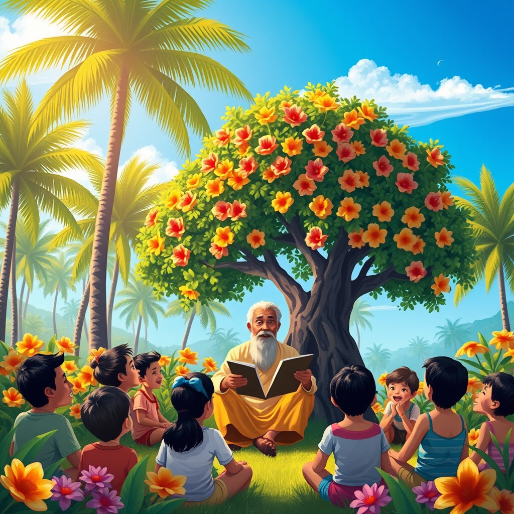 A captivating illustration of a traditional cabesang tales scene set in a lush tropical landscape